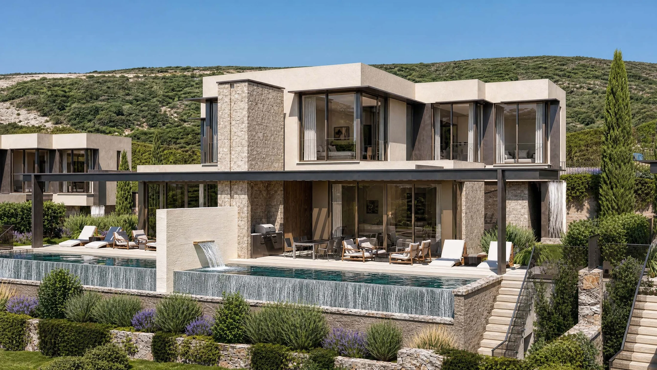 SAOTA Twin Villas exterior, stone façade, glazed living spaces and private pool