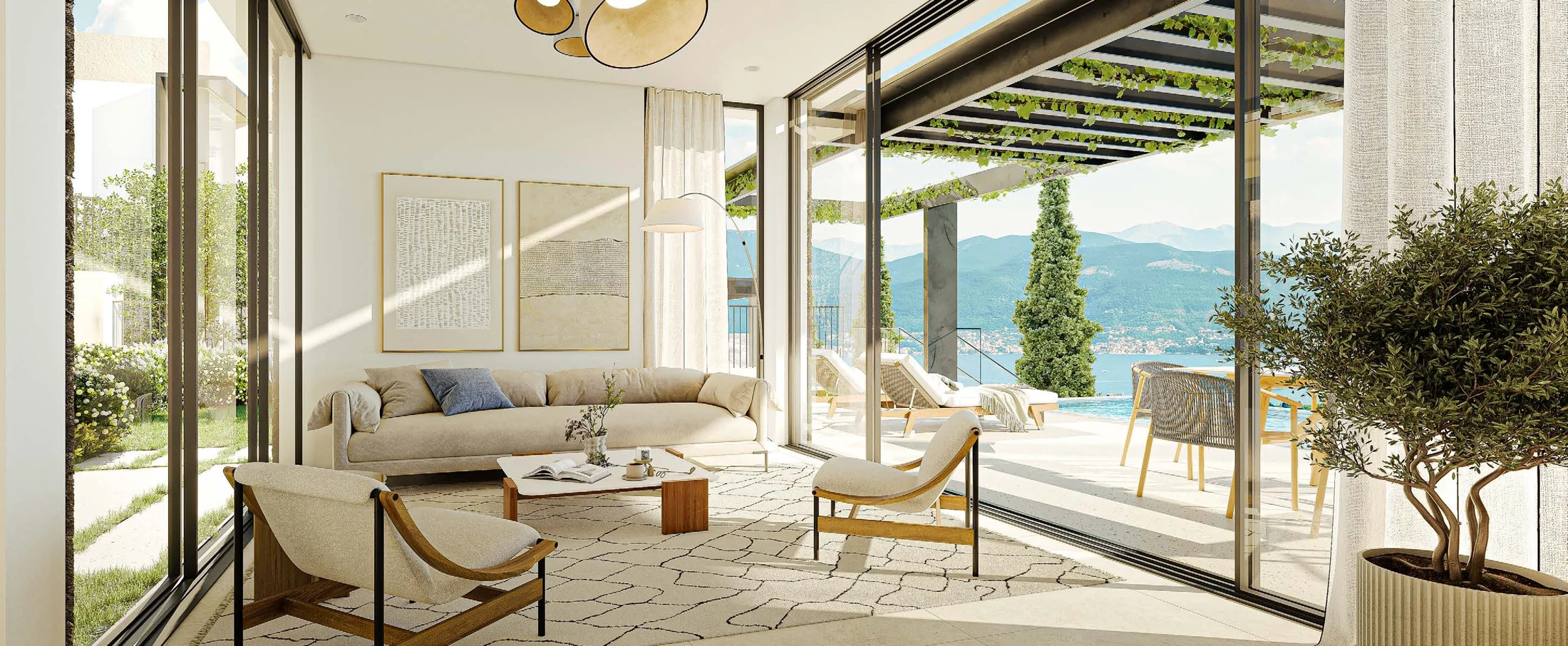 Living room with expansive glazing and a view onto the private terrace